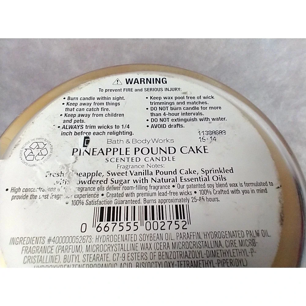 BATH BODY WORKS PINEAPPLE POUND CAKE 3-WICK FILLED SCENTED LARGE 14.5 OZ CANDLE